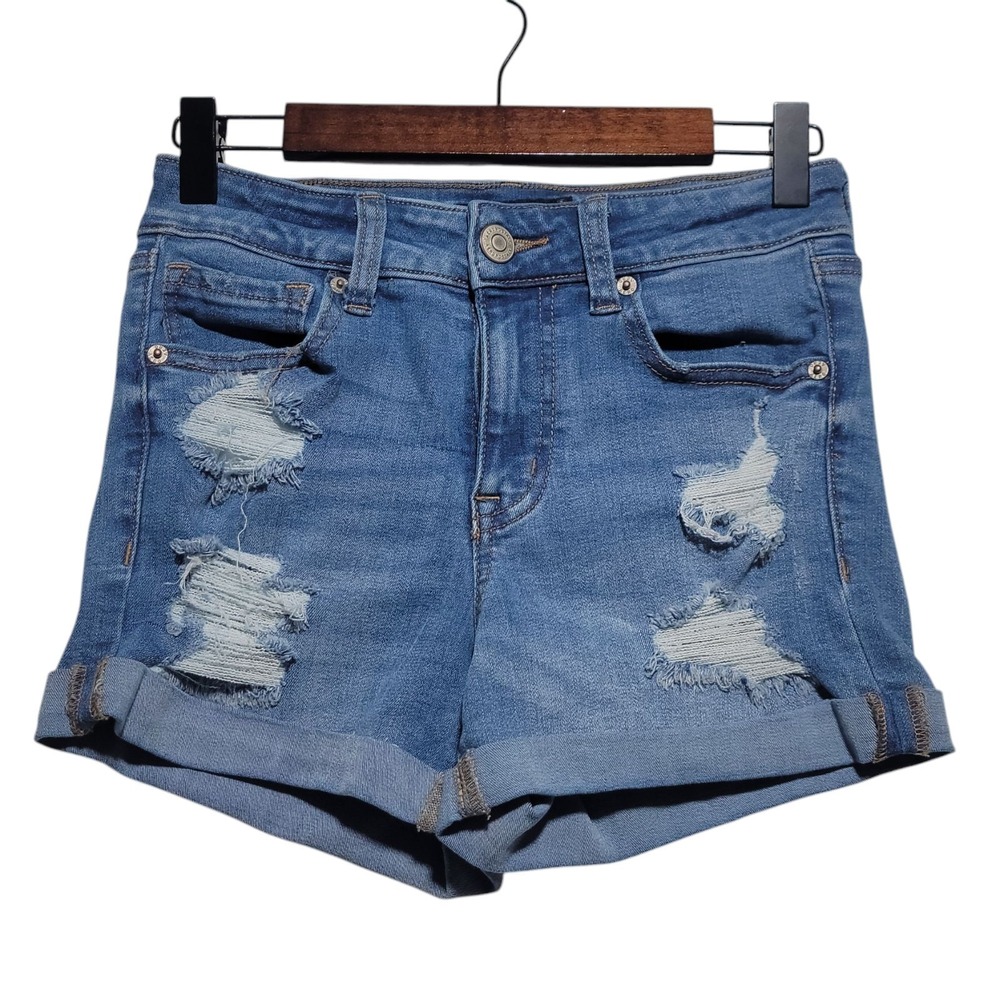 Aeropostale High Rise Jean Shorts Midi 3" Denim Distressed Rolled Women's Size 0